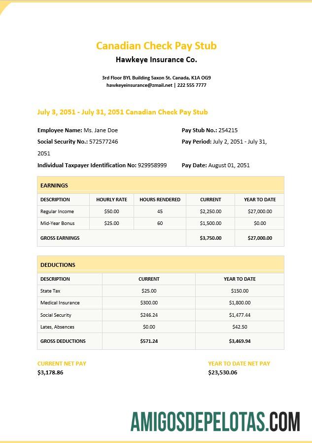 Em branco Modelo de recibo de pagamento de cheque canadense
